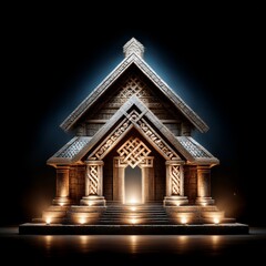 Poster - Mystical Stone Temple with Intricate Carvings and Glowing Entrance, Illuminated by Warm Light on a Dark Background 