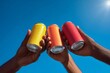 © Marcos Kulenkampff - Hands hold up three colorful soda cans against a bright blue sky, celebrating.
