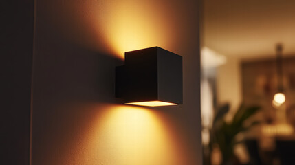 Poster - modern outdoor lamp: a sleek, cube-shaped lamp casts warm, inviting light on a wall, illuminating a 