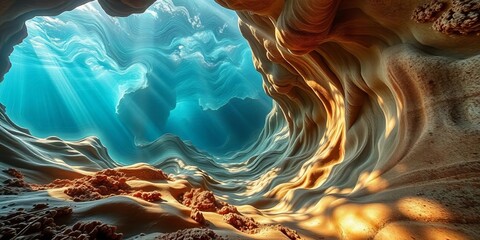Wall Mural - Twisted, swirling seabed formations, light beams distort time, green, cosmic
