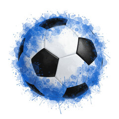 Poster - Watercolor Soccer Ball with Blue Splatter Isolated on Transparent Background