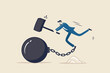 © Sector30 - Break free or breaking bad habits or routines for freedom, pay off debt, destroy shackle or anxiety burden, escape and liberation concept, confidence businessman use hammer to break heavy chain burden