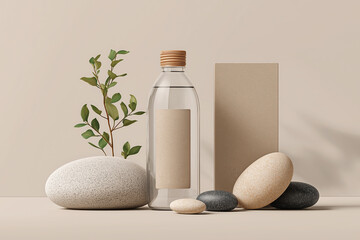 Wall Mural - Natural decor arrangement featuring a minimalist glass bottle, stones, and greenery on a neutral background