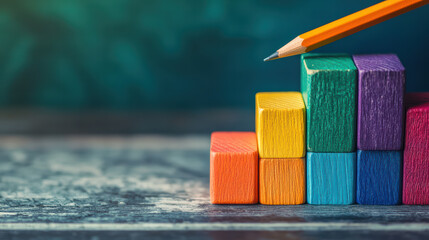 Poster - Colorful Blocks and Pencil: A colorful assortment of wooden blocks are carefully stacked, with a sharp pencil poised above. Representing planning, progress, and growth.