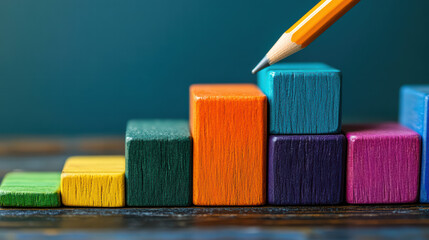 Poster - Building Blocks of Progress: A symbolic visual, a pencil charts a steady climb over a colorful array of wooden blocks, illustrating progress, goals, and upward trajectory in business and innovation.