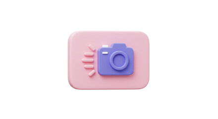 Poster - A stylized render of a purple camera icon on a pink rounded square with light rays on a white background
