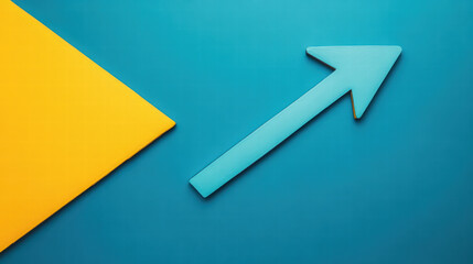 Poster - Ascending Arrow and Geometric Abstraction: A visually striking composition with a blue arrow pointing upwards against a vibrant blue backdrop, juxtaposed with a yellow angled shape.