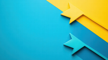 Poster - Abstract Flag Elements: A captivating, high-angle view showcases minimalistic flag-shaped elements, arranged with vivid blue and yellow hues, against a backdrop of layered shapes.