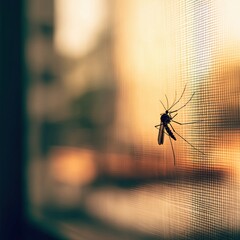 a mosquito clinging to the outside of a fine anti-mosquito window mesh