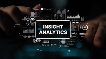 Poster - Digital dashboard with data visualization for insight analytics and business intelligence concepts in dark environment. Asymptotic smart data analytic.