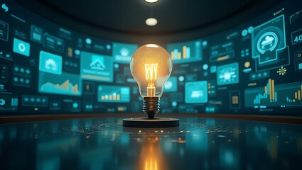 Poster - Illuminated Light Bulb in a Digital Command Center Surrounded by Holographic Graphs and Futuristic User Interface Screens