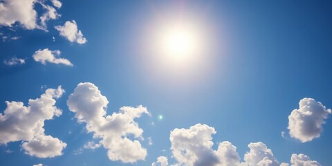 vibrant blue sky, fluffy white clouds, bright sun, ample empty space, blue, copy space
