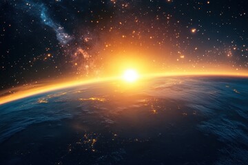 Poster - Vibrant cosmic sunrise casting golden light on distant planet and twinkling stars in the vast universe, Cosmic scene with planet, sunrise, and stars from space perspective
