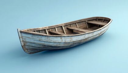  Old wooden boat on a blue background. 3D illustration. Copy space.