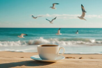 Wall Mural - Enjoying coffee at the beach with seagulls flying overhead near the ocean at sunrise, Coffee on the beach with seagulls Seamless ing  background