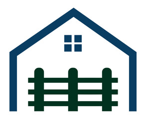 Poster - Illustration of a blue house outline with a window and a green fence in front on a white background