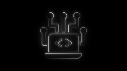 Aufkleber - Neon glow circuitry and coding symbol on a black background representing technology and development