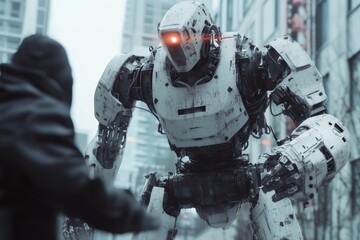 Poster - City robot confronts human in futuristic urban environment during daylight hours, City terror, robot assaulting human in urban environment