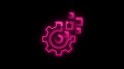 Aufkleber - Glowing neon cogwheel and squares against a black background representing technology concepts