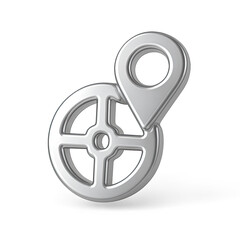 Poster - Silver 3D Map Pin on Wheel Icon on Grey Background