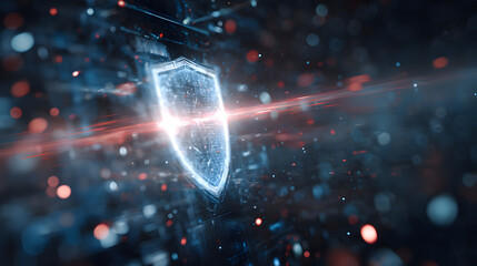 Poster - Cybersecurity Shield: A digital shield glows amidst a network of intricate, data-driven connections, symbolizing robust online security.