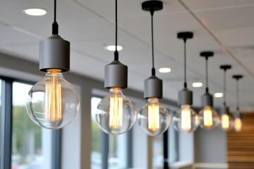 Poster - Modern light bulbs hanging from ceiling providing illumination