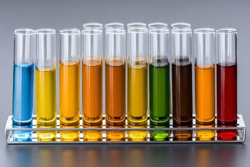 Fototapete - Test tubes showing colorful chemical liquid samples in a laboratory setting