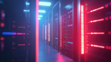 Aufkleber - Modern data center with vibrant red and blue server lights in a misty corridor, perfect for cloud computing, cybersecurity, and futuristic network infrastructure themes