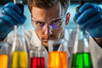 Poster - Chemical research scientist conducting experiments with colorful reagents in a laboratory setting, Chemical research scientist working in the lab with colorful liquids