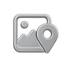 Poster - Silver Metallic Photo Icon with Location Pin on Dark Background