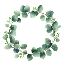 Wall Mural - watercolor wreath with green eucalyptus leaves and branches. perfect for wedding invitation, postcar