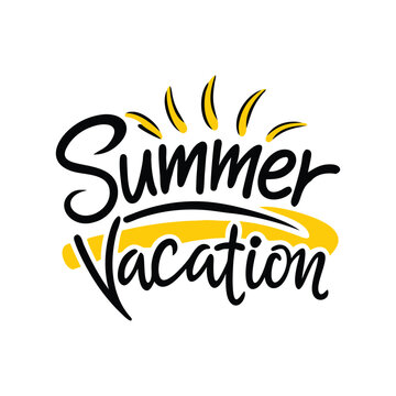 Summer vacation lettering logo with sun vector illustration. Summer label, tag, logo, hand drawn lettering for summer holiday, travel, beach vacation. Summer vacation typography
