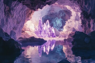 Poster - glowing crystals illuminate a mystical cave landscape with reflective waters at twilight, glowing cr