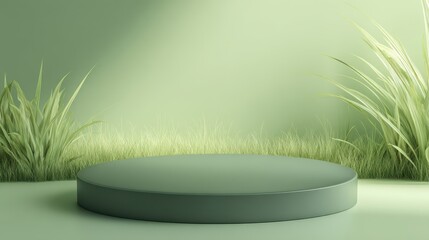 Poster - Minimalist round podium on green backdrop surrounded by lush grass and soft light creating a serene and modern atmosphere for presentations and displays