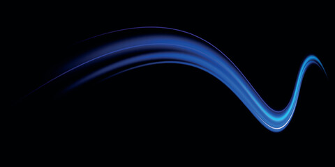 Poster - Blue wind waves effect. Abstract light motion trails with sparkles isolated on black background. Light blue Twirl. Curve light effect of blue line. Luminous blue circle.