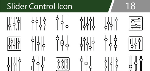18 Slider Control Icons. Audio Mixer, Equalizer UI, Sound Settings Vector Line Icons for Mobile App and Web Interface Design