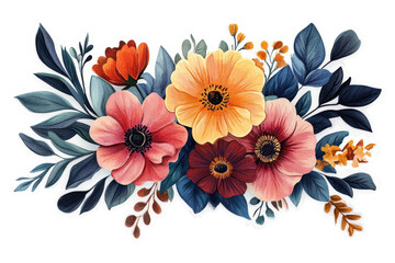 Poster - Colorful floral arrangement featuring vibrant flowers and lush leaves on a transparent background for versatile design use