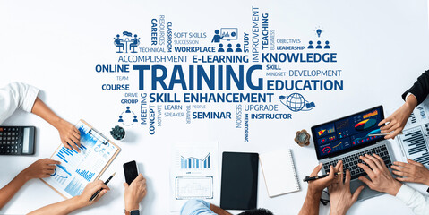 Poster - A dynamic workspace showcasing training and skill enhancement concepts with charts, laptops, and collaborative teamwork for professional growth and online education. Amity