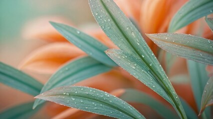 Poster - Close-up View of Fresh Green Leaves Adorned With Droplets in a Vibrant Botanical Setting During the Morning Light