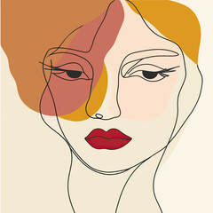 Poster - Abstract minimalist female face line art with colorful geometric shapes and bold lips in modern contemporary style vector illustration