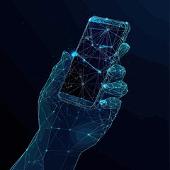 Poster - Futuristic low poly polygonal wireframe hand holding smartphone with digital network connections and glowing dots on dark background technology concept