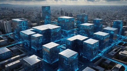 Aufkleber - Futuristic Cityscape With Glowing Blue Data Structures and Skyscrapers During a Cloudy Day Offers a Glimpse Into Advanced Urban Technology