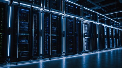 Aufkleber - Data Center Filled With Servers and Illuminated Corridors During Nighttime Showcasing Advanced Technology and Infrastructure