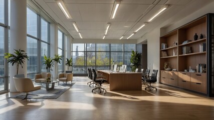 Poster - Modern Office Interior Featuring Open Space, Natural Light, and Stylish Furnishings in a Contemporary Business Environment