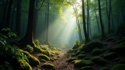 Poster - Sunlight Filters Through Green Trees in a Serene Forest With Lush Moss-Covered Ground on a Peaceful Morning