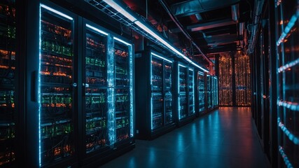 Aufkleber - High-tech Data Center Hallway Illuminated by Vibrant LED Lights With Advanced Server Racks During a Night Shift