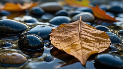 Poster - Autumn Leaves Resting on Smooth Black Stones in a Tranquil Stream During the Golden Hour of Sunset
