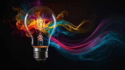 Poster - Colorful Light Bulb With Vibrant Smoke Trails Creating a Surreal Visual Display in a Dark Setting
