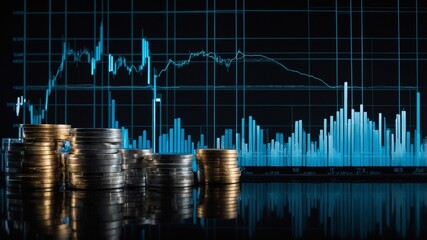 Poster - Financial Growth Analysis With Stacked Coins and a Stock Market Graph Showcasing Trends and Fluctuations in Investment Opportunities