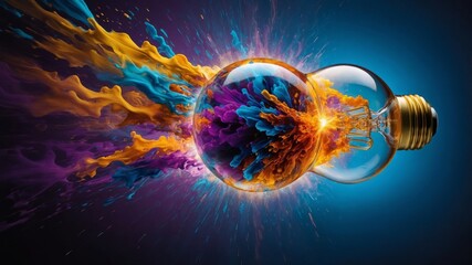 Aufkleber - Colorful Explosion From a Light Bulb Design Showcasing Vibrant Splashes of Blue, Purple, and Orange Against a Dark Background